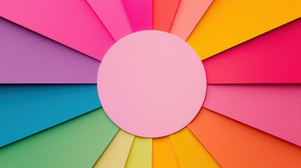 Obraz premium Colorful circular gradient background with vibrant paper layers radiating outward, creating cheerful and lively atmosphere. Perfect for creative projects