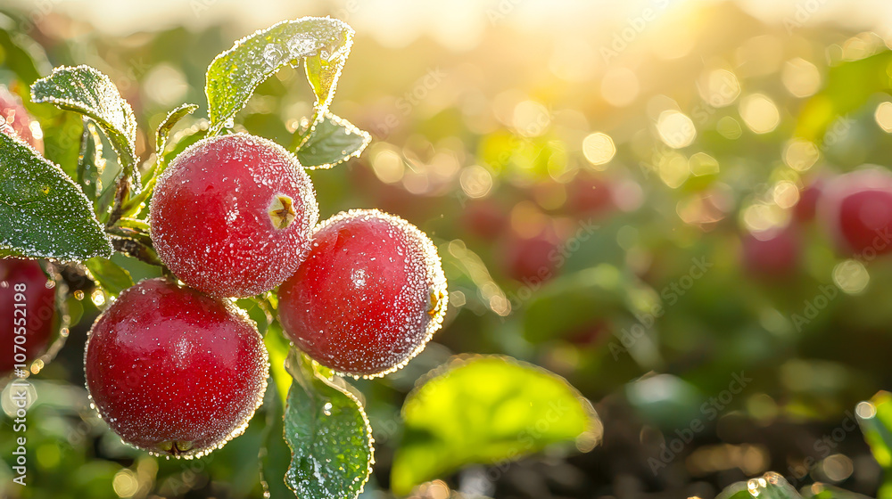 Aufkleber fresh red cranberries adorned with frost sparkle in the sunlight field