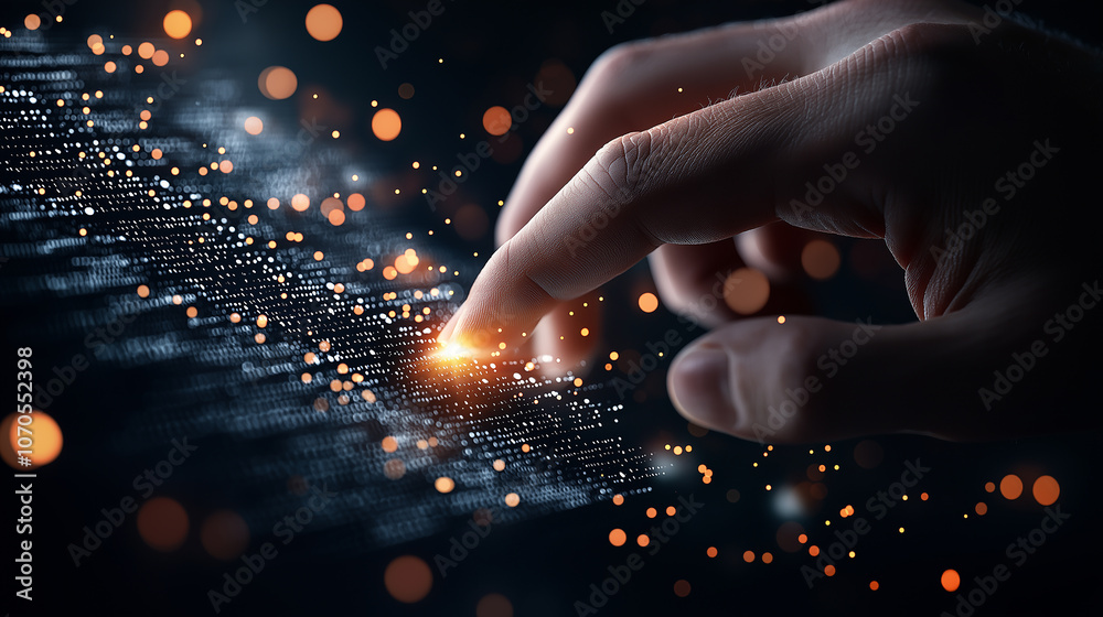 Fototapete Close up of hand interacting with digital interface, showcasing data and light effects. image conveys sense of technology and innovation