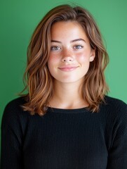 Fototapeta premium Young woman with brown hair and blue eyes smiles against a green backdrop indoors