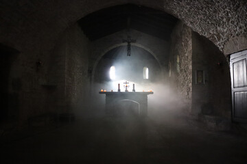 luce, scuro, antica, porta, architettura, costruzione, pietra, finestra, mura, castello, interno, chiesa, medievale