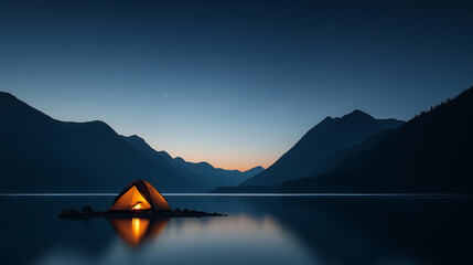 serene lakeside camping scene featuring cozy tent illuminated by warm glow. tranquil water reflects surrounding mountains and twilight sky, creating peaceful atmosphere