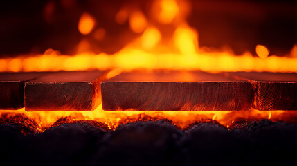 detailed close up of red hot metal glowing in forge, surrounded by fiery orange flames. intense heat and vibrant colors create dramatic and captivating scene