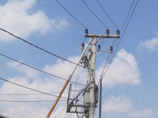 close up photo of a residential electricity pole on the side of the road