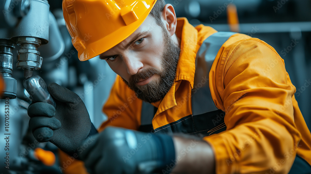 Leinwandbilder Engineers troubleshooting plumbing issues with focus and precision. worker in orange uniform and hard hat demonstrates expertise in technical environment