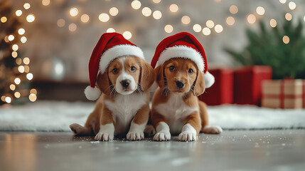 Festive puppies in Santa hats, seated on snowy surface with holiday lights. Their playful expressions bring joy to season