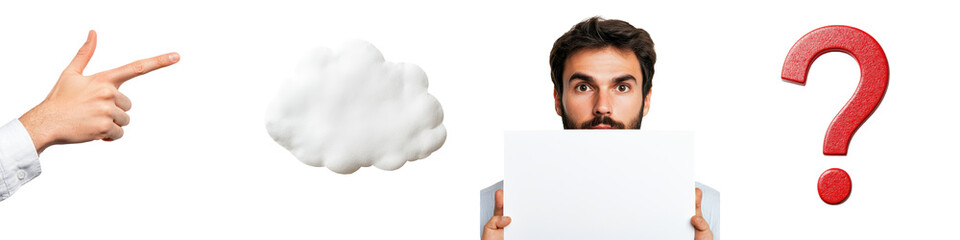 Fototapeta premium Portrait of a businessman holding a blank white sign with a cloudy background expressing a sense of doubt uncertainty and confusion as he considers a challenging problem or question