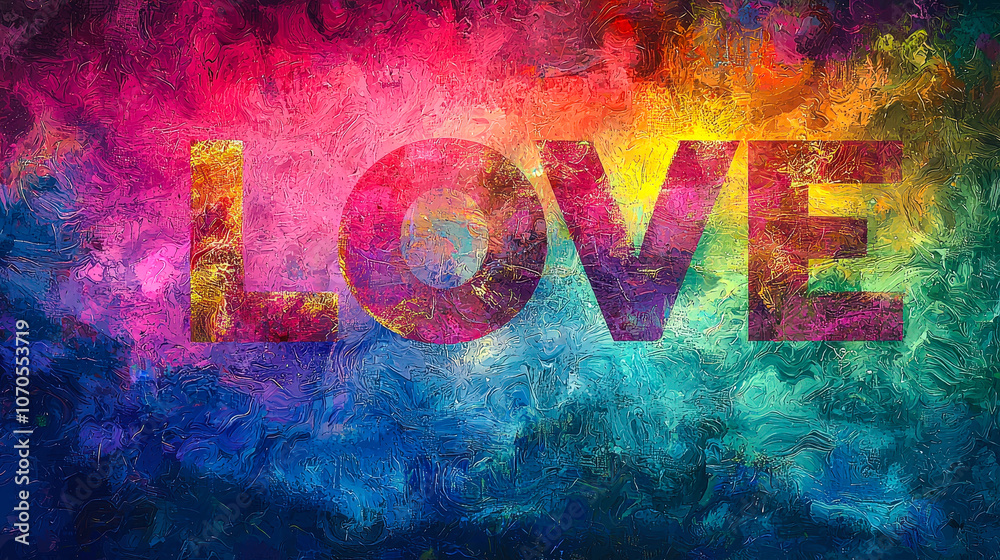 Poster an abstract representation featuring the word love in bold letters, surrounded by swirling colors th