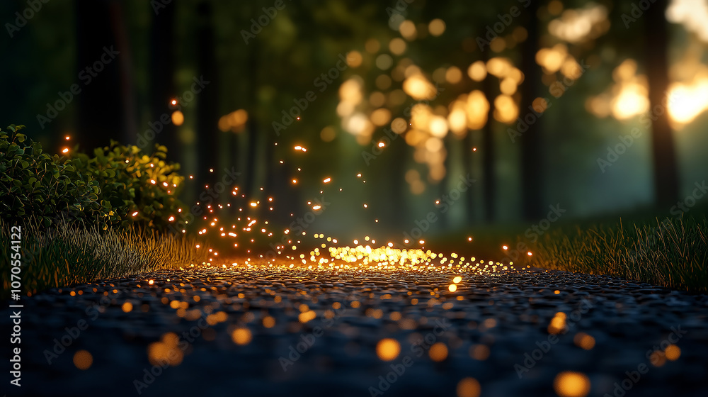 Aufkleber captivating scene of fireflies dancing along serene forest path, illuminated by soft sunlight filtering through trees, creating magical atmosphere