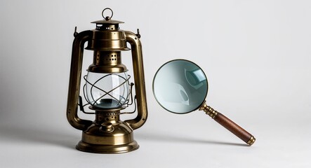 Antique brass lantern with magnifying glass on plain white background
