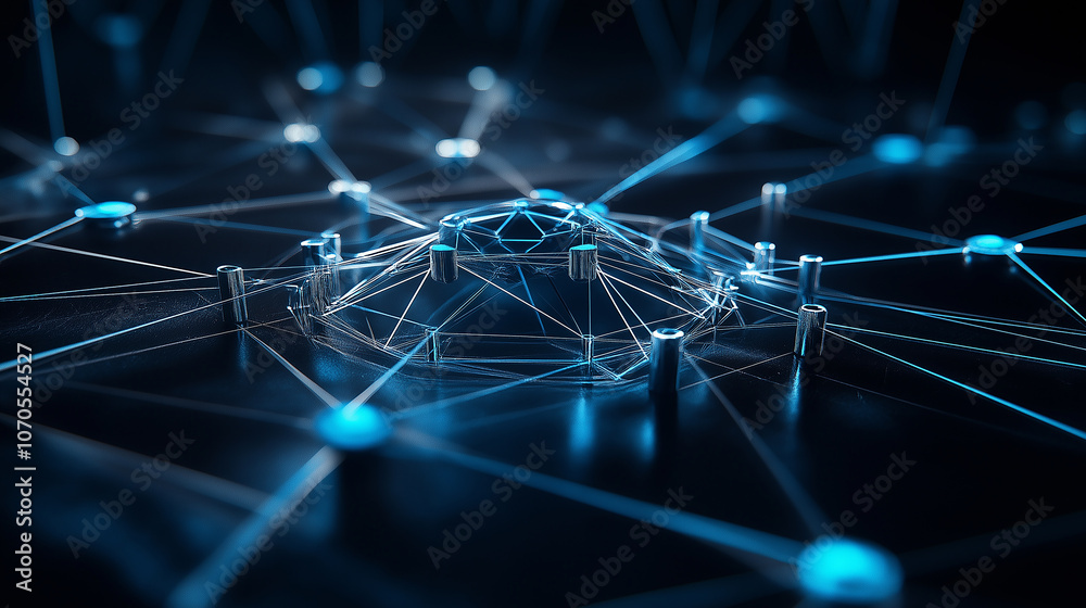 Poster minimalistic network of glowing blue nodes and lines, creating futuristic digital landscape that evokes sense of connectivity and technology