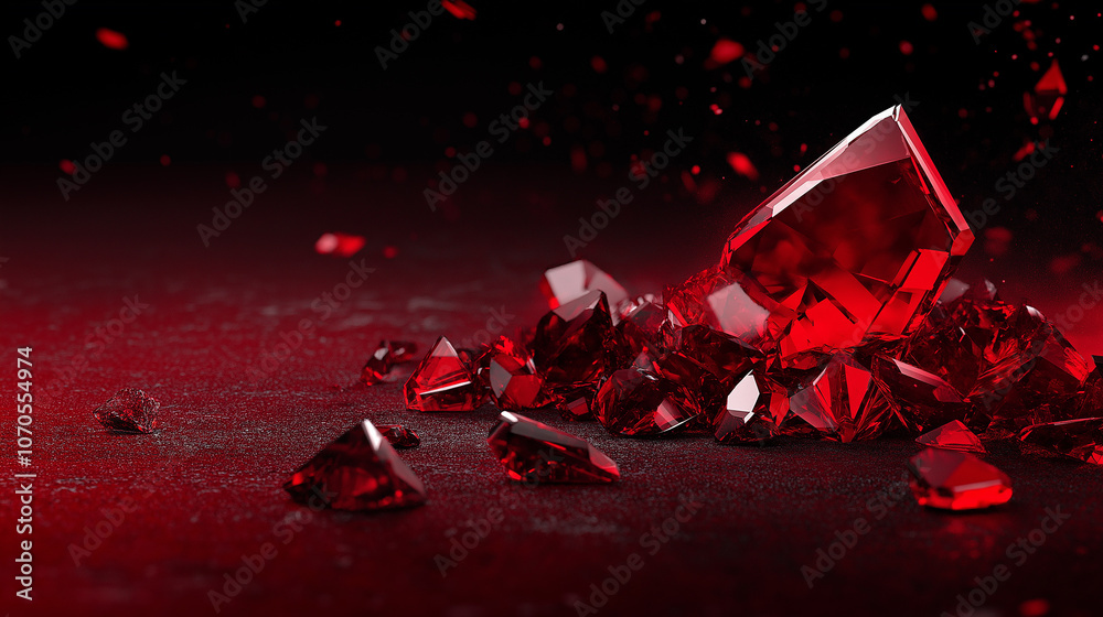 Leinwandbilder stunning red beryl crystals scattered on dark surface, reflecting light beautifully. vibrant color a