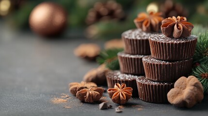 Fototapeta premium Perfect holiday pudding with rich chocolate decorations, festive pine branches, and vibrant berries creating a luxurious dessert display for the Christmas season