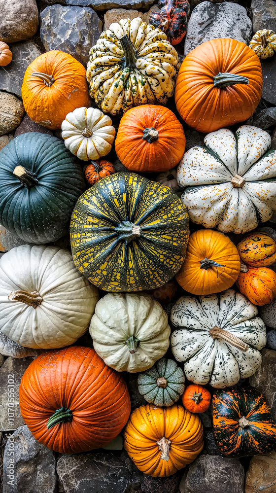 Poster a colorful assortment of pumpkins, showcasing different shapes and sizes, rests on a textured stone 
