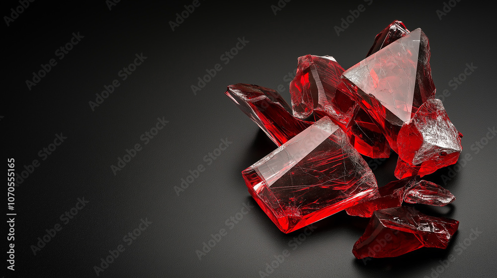 Poster shiny red glass shards scattered on dark background, creating striking visual contrast. vibrant colo
