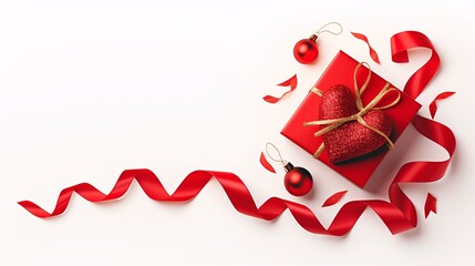 Red gift box wrapped with a gold ribbon It has a ribbon component on a white background