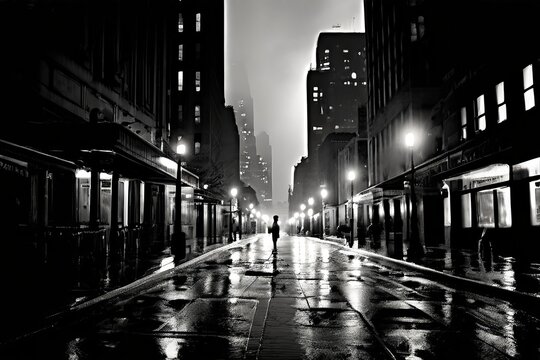 Fototapeta rainy night city a black and white photograph of a cityscape on