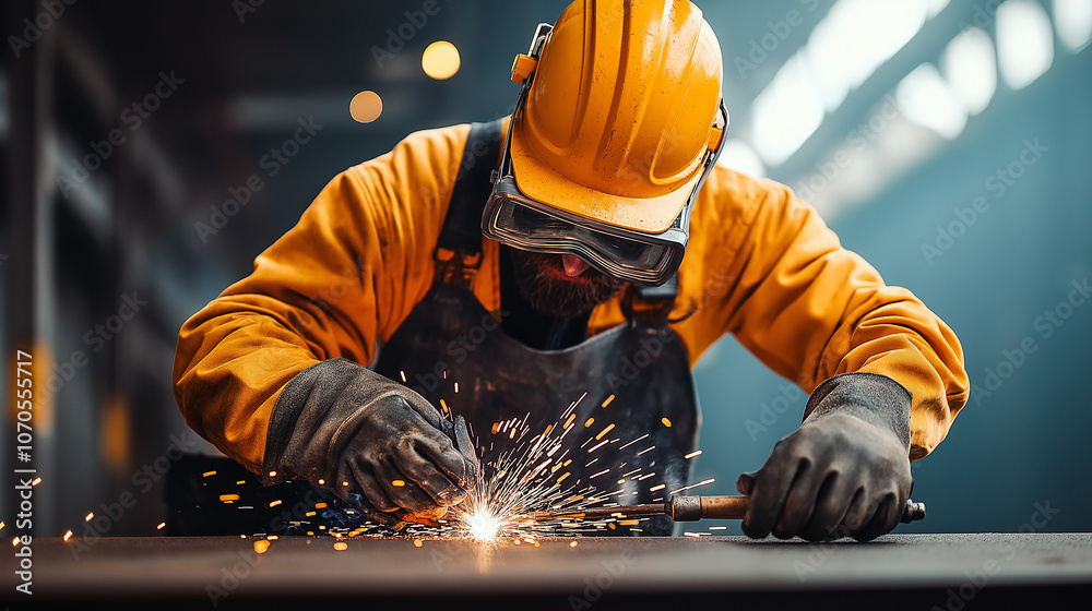 Poster skilled welder in protective gear works on metal, creating sparks in workshop. focused expression hi