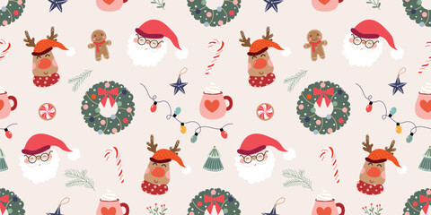 Christmas seamless pattern with Santa and reindeer, Holidays background, seasonal wallpaper © lilett