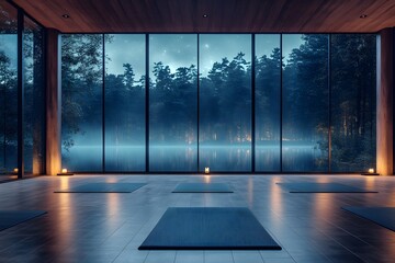Fototapeta premium Modern yoga studio with large windows overlooking a tranquil lake and forest.
