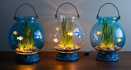 Fishbowl lantern with underwater theme and small LED fish lights