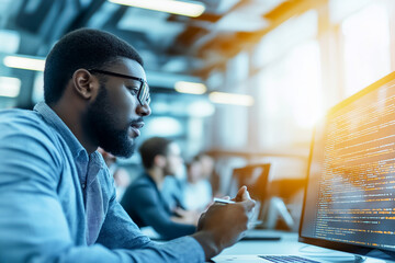 Obraz premium A focused individual reviews programming code on a monitor in a collaborative work environment filled with light