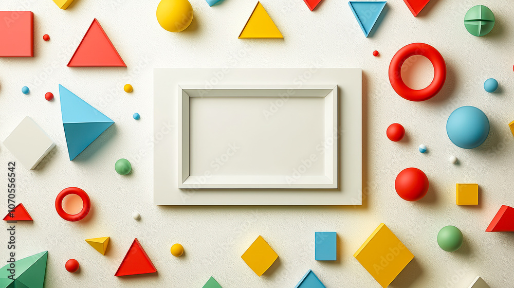 Aufkleber various colorful geometric shapes, including triangles, circles, and squares, surround a blank white