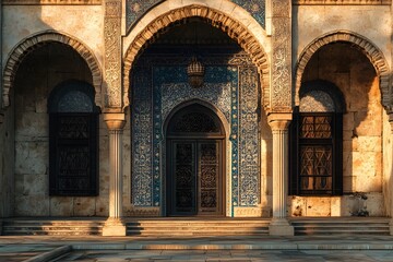 Obraz premium Ornate archway entrance to a mosque with intricate tilework.