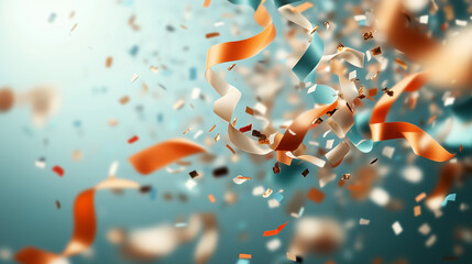 A lively explosion of colorful ribbons and confetti floating against a soft blue background, creating a vibrant and festive atmosphere perfect for celebrations and joyous occasions.