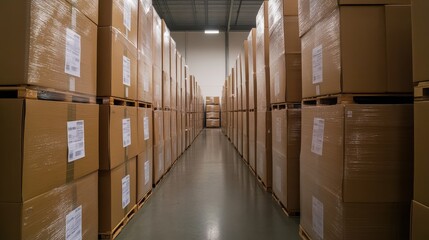 Rows of Stacked Cardboard Boxes on Pallets in Warehouse Storage Aisle