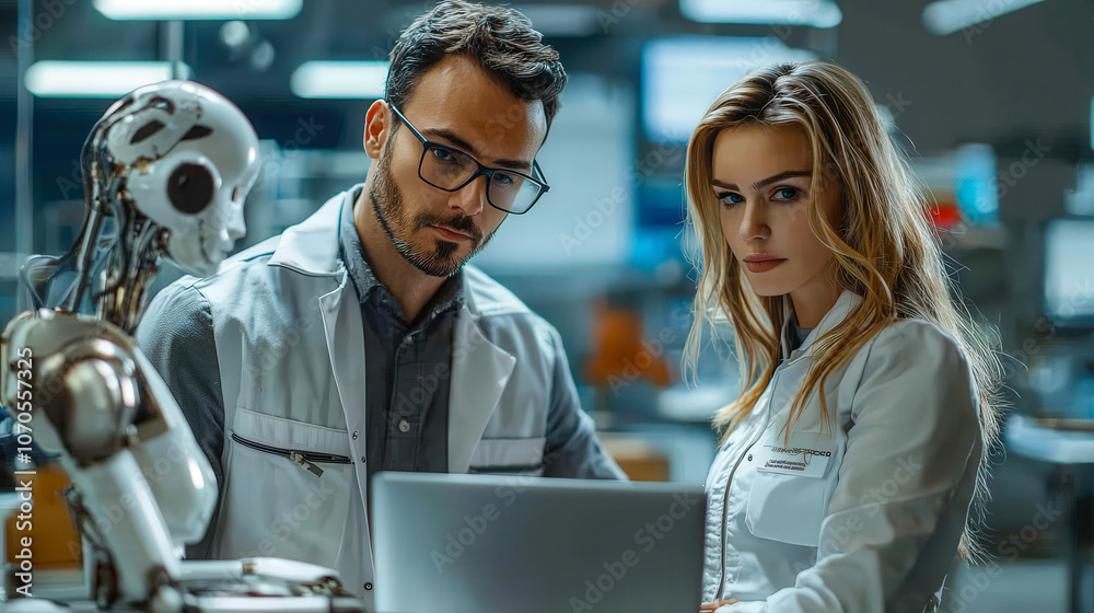 Poster Two scientists engage in a discussion while examining data on a laptop, with a humanoid robot displaying advanced technology in the background