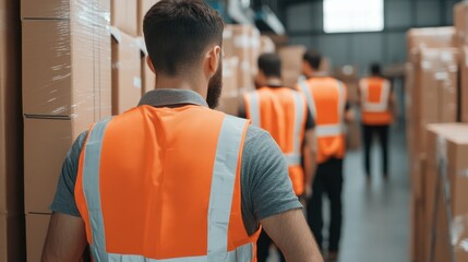 Warehouse Workers in High-Visibility Vests Walking Through Storage Area