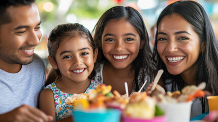 A family celebrating Hispanic Heritage Month with traditional games, crafts, and a vibrant array of foods at an outdoor event.
