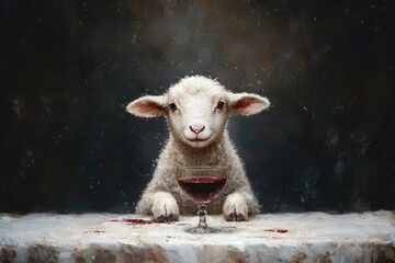 A sheep sits at a table with a glass of red wine looking curiously at its surroundings