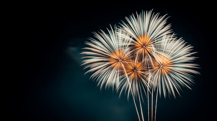 Fototapeta premium A stunning burst of fireworks illuminates the dark night sky, with intricate patterns and vivid colors, capturing the essence of festive celebration and New Year's joy.