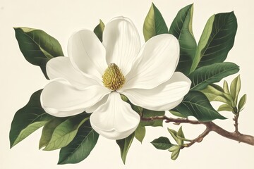 Obraz premium Magnolia Flower Blooms Radiantly Amidst Lush Green Leaves