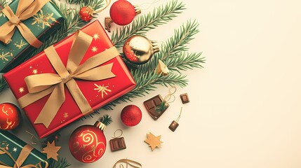 Red gift box tied with a golden bow Surrounded by decorations For the Christmas festival.