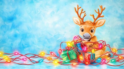 Naklejka premium Playful reindeer tangled in Christmas lights, joyful and whimsical expression