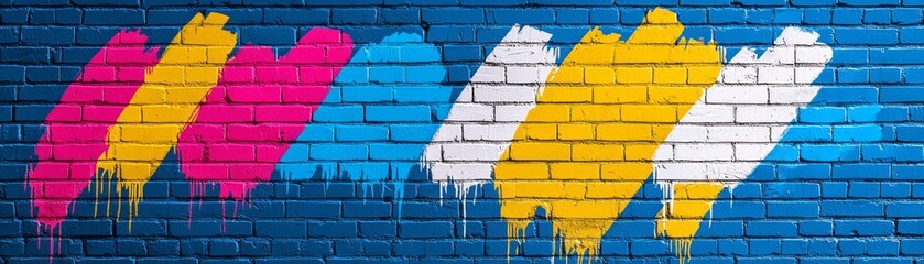 Colorful graffiti patterns on blue brick wall showcasing vibrant artistic expressions