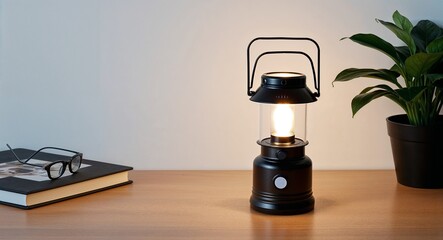 Mini desk lantern with dimming options on plain white background