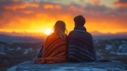 A couple sits close together on a rocky surface, wrapped in colorful blankets, as they watch a stunning sunset unfold in the sky, creating a peaceful atmosphere.