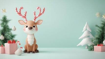 Reindeer with candy cane antlers, playful expressions, whimsical Christmas setting