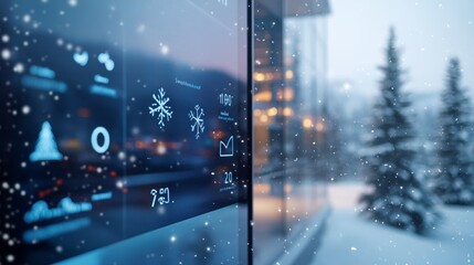 Digital weather station showcases winter forecast with snow icons and crisp cold landscape views