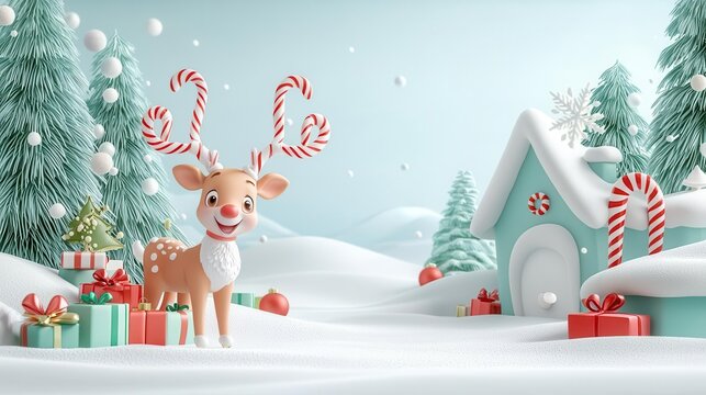 Reindeer with candy cane antlers, playful expressions, whimsical Christmas setting