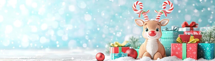 Obraz premium Adorable reindeer with candy cane antlers, surrounded by snow and holiday cheer