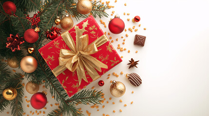 Red christmas gift box tied with a golden bow Surrounded by decorations on a white background.