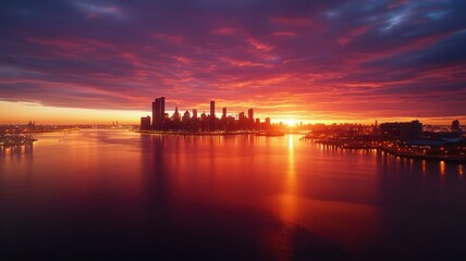 Obraz premium Breathtaking sunset illuminates city skyline over tranquil waters a captivating urban landscape