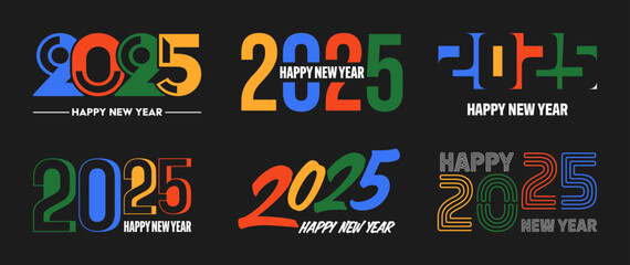 Fototapeta premium Set of 2025 Happy New Year greeting text designs. Christmas banner, poster, festive greeting card or seasonal promotion template. Collection of 2025 numbers with greetings. Vector illustration