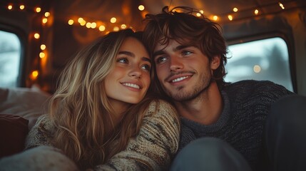 A young couple sits close together in a cozy van filled with warm lights, sharing smiles and laughter. Their relaxed poses and joyful expressions create a warm, intimate atmosphere.