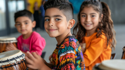 A group of children learning to play traditional Latin instruments during a cultural workshop for Hispanic Heritage Month.